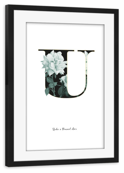 Poster mit Rahmen schwarz "Floral Alphabet-U" artboxONE - Typografie,Schwarzweiß,Buchstaben,Buchstaben / U