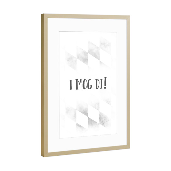 Poster mit Rahmen Gold "BAIRISCH I mog di" artboxONE - Typografie - Bayrisch,Liebe