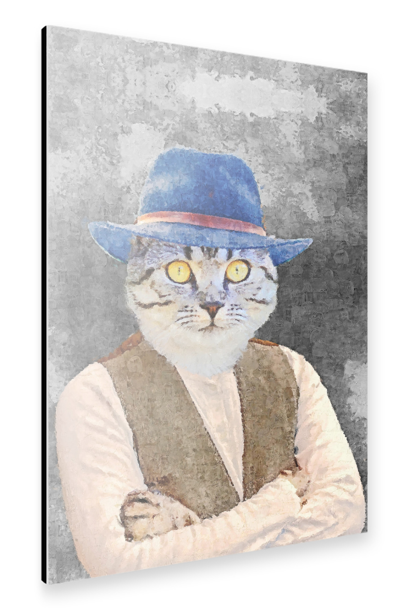 Alu-Dibond "Cat with blue hat painting" 30x20 cm artboxONE