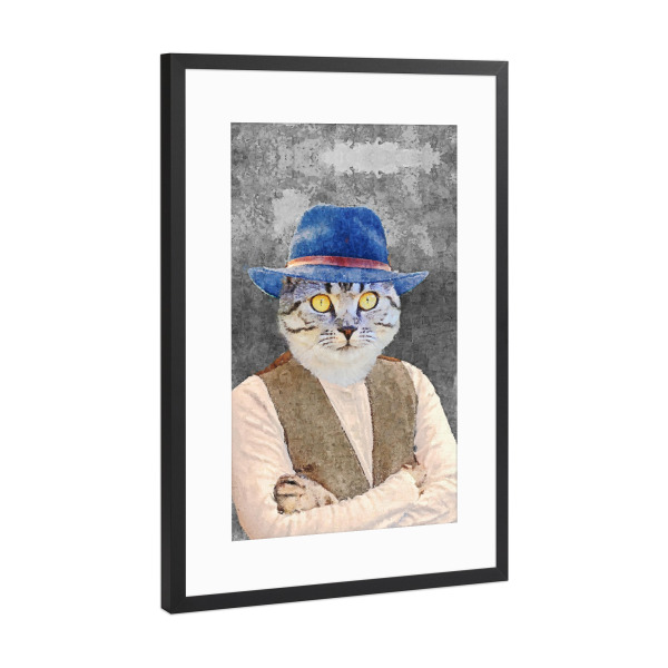 Poster mit Rahmen Schwarz (Metallic) "Cat with blue hat painting" artboxONE - Lustig - Cat