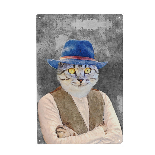 Metall Poster "Cat with blue hat painting" artboxONE - Lustig - Cat - Blechschild