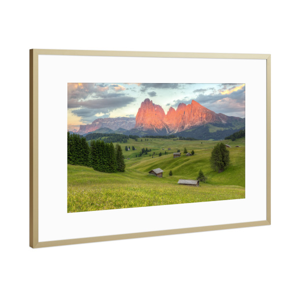 Poster mit Rahmen Gold "Alpenglühen in den Dolomiten" artboxONE - Reise - Italien,Alpen,Ber