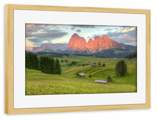Poster mit Rahmen kiefer "Alpenglühen in den Dolomiten" artboxONE - Reise - Italien,Alpen,Ber