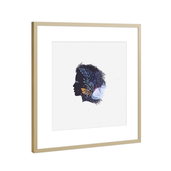 Poster mit Rahmen Gold "Face silhouette floral blue" artboxONE - Menschen - Plants,Frau,Gesicht