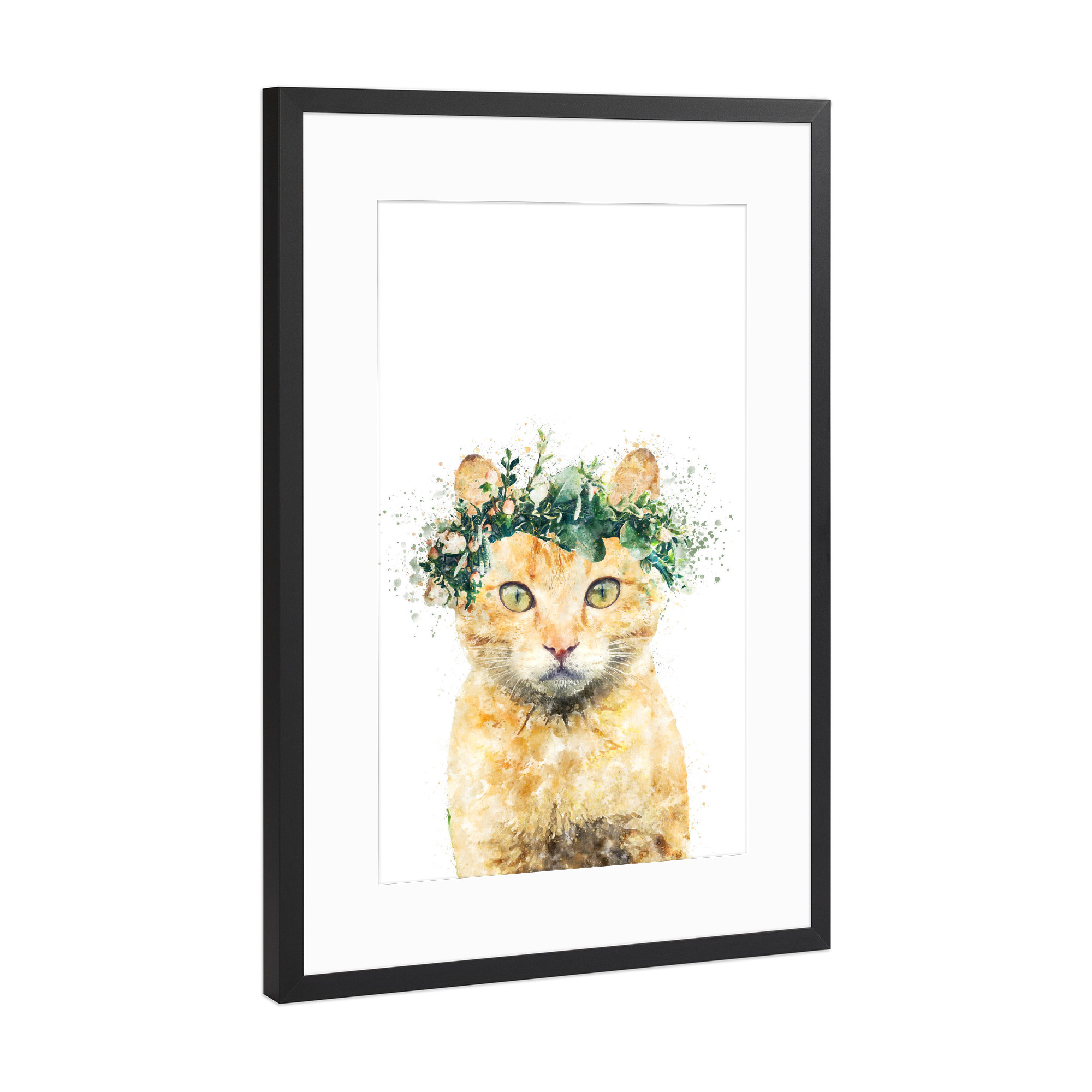 Poster mit Rahmen Schwarz (Metallic) "Bohemian Cat with Flowers" artboxONE - Tiere - Cat,Plants,Leaves