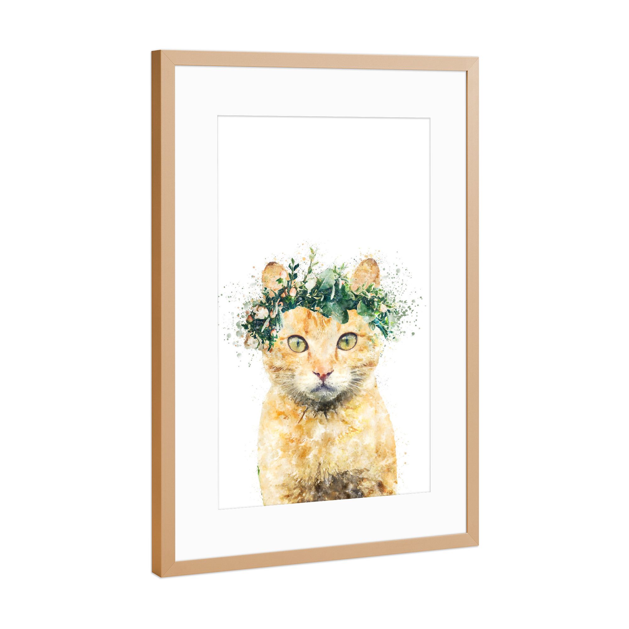 Poster mit Rahmen Kupfer "Bohemian Cat with Flowers" artboxONE - Tiere - Cat,Plants,Leaves