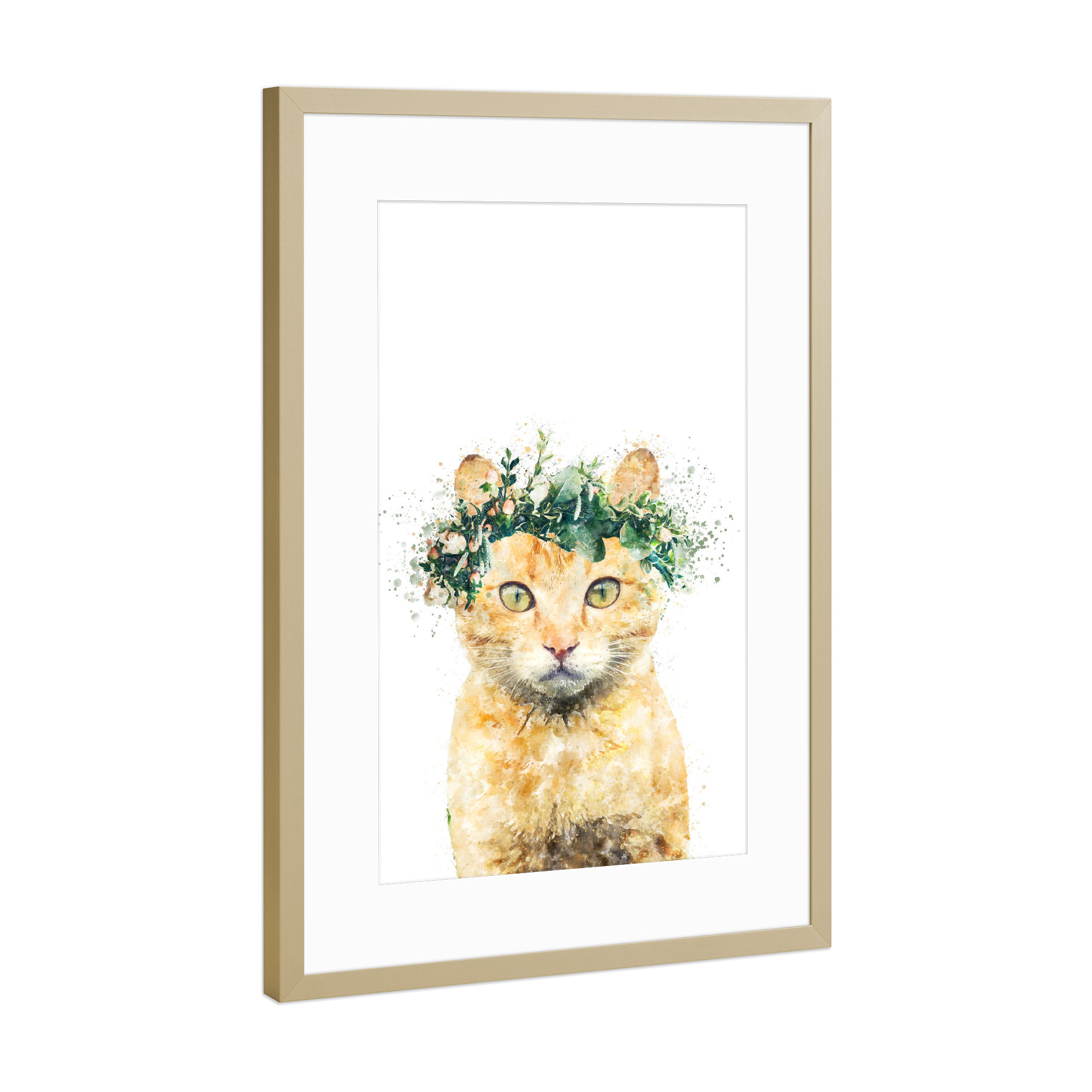 Poster mit Rahmen Gold "Bohemian Cat with Flowers" artboxONE - Tiere - Cat,Plants,Leaves