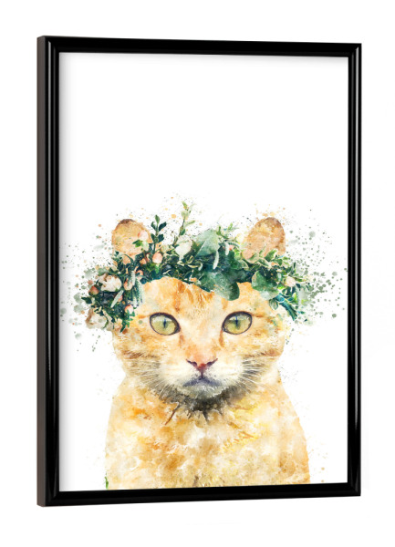 Poster mit schwarzem Rahmen "Bohemian Cat with Flowers" artboxONE - Tiere - Cat,Plants,Leaves