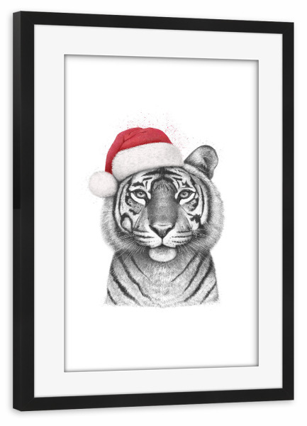 Poster mit Rahmen schwarz "Christmas Tigress" artboxONE - Tiere,Schwarzweiß,Weihnachten - Tigress,Tiger,Cat,Christmas