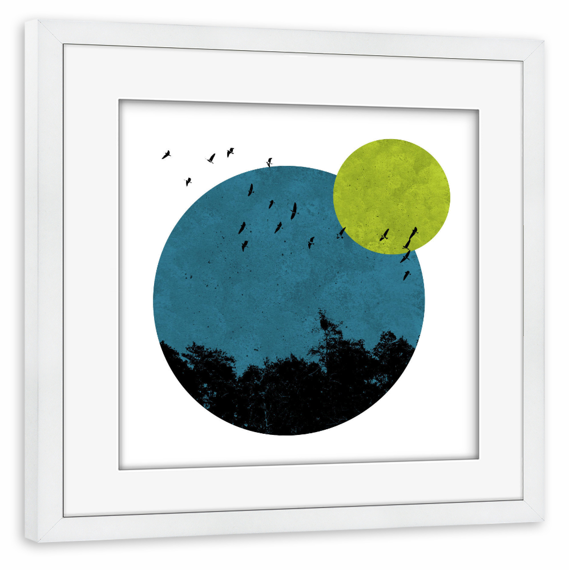 Poster mit Rahmen weiß "Wald bei Nacht" artboxONE - Tiere - Wald,Mond,Vögel