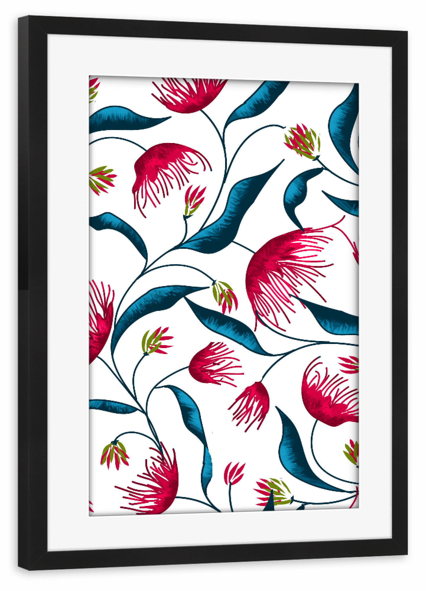 Poster mit Rahmen schwarz "Dandelia" artboxONE - Floral - Pattern,Floral,Blossom,Bloom,Leaves,Exotic,Tropical,Flowers,Indigo,Botanical