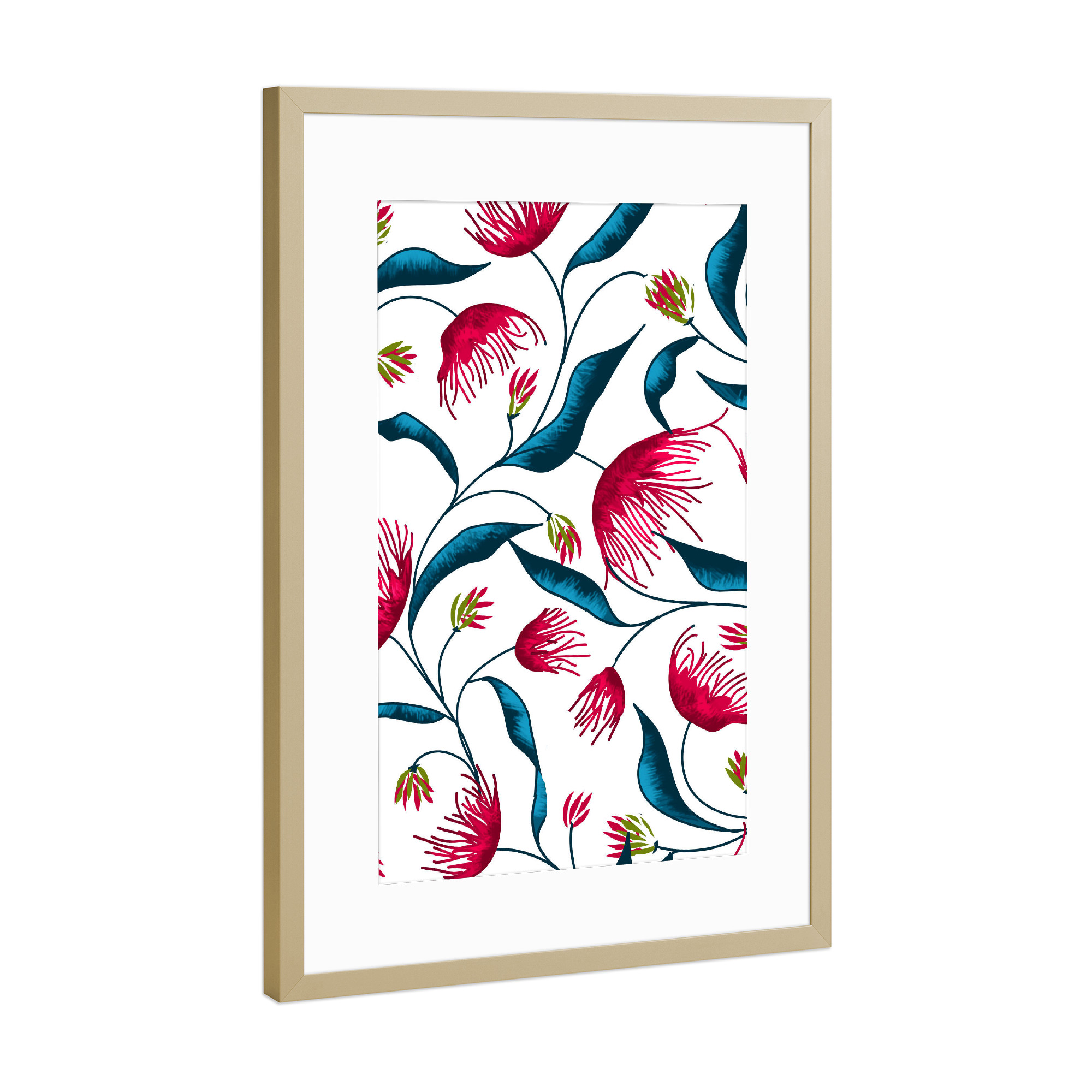Poster mit Rahmen Gold "Dandelia" artboxONE - Floral - Pattern,Floral,Blossom,Bloom,Leaves,Exotic,Tropical,Flowers,Indigo,Botanical