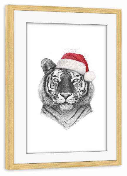 Poster mit Rahmen kiefer "Chtistmas Tiger" artboxONE - Tiere,Schwarzweiß,Weihnachten - Tiger,Christmas,Santa