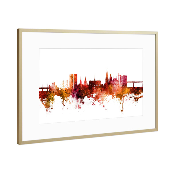 Poster mit Rahmen Gold "Dundee Scotland Skyline Red" artboxONE - Städte / Weitere - Dundee,Skyline,Scotland