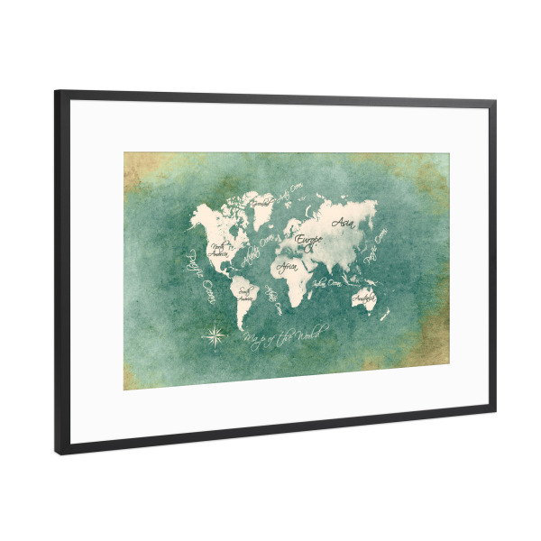 Poster mit Rahmen Schwarz (Metallic) "World map white green" artboxONE - Kartografie - Weltkarte,Karte,Welt,Atlas,Weltkarte