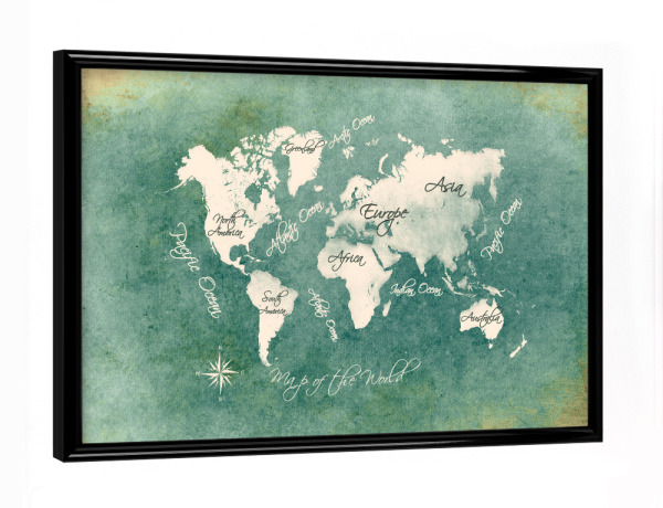 Poster mit schwarzem Rahmen "World map white green" artboxONE - Kartografie - Weltkarte,Karte,Welt,Atlas,Weltkarte
