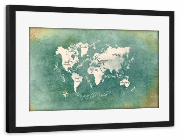 Poster mit Rahmen schwarz "World map white green" artboxONE - Kartografie - Weltkarte,Karte,Welt,Atlas,Weltkarte