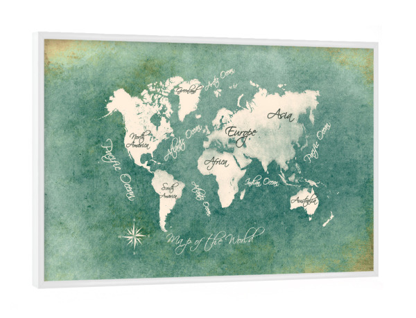 Poster mit weißem Rahmen "World map white green" artboxONE - Kartografie - Weltkarte,Karte,Welt,Atlas,Weltkarte