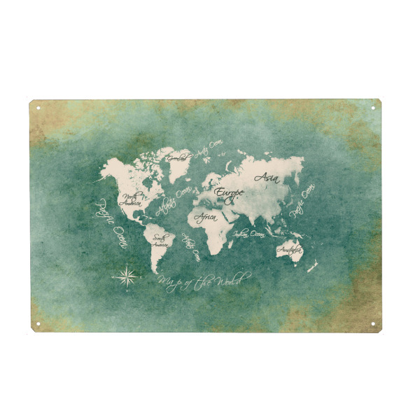 Metall Poster "World map white green" artboxONE - Kartografie - Weltkarte,Karte,Welt,Atlas,Weltkarte - Blechschild