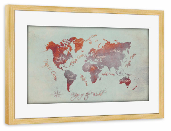 Poster mit Rahmen kiefer "Ma of the world red beige" artboxONE - Kartografie - Weltkarte,Karte,Welt,Atlas,Weltkarte