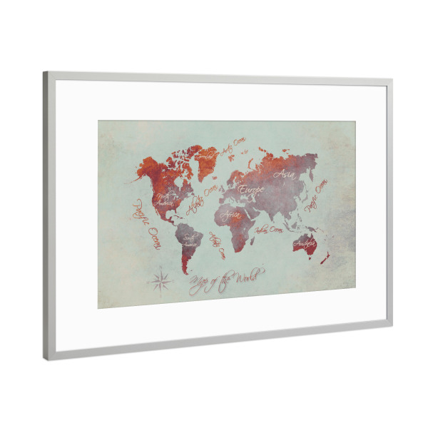 Poster mit Rahmen Silber "Ma of the world red beige" artboxONE - Kartografie - Weltkarte,Karte,Welt,Atlas,Weltkarte