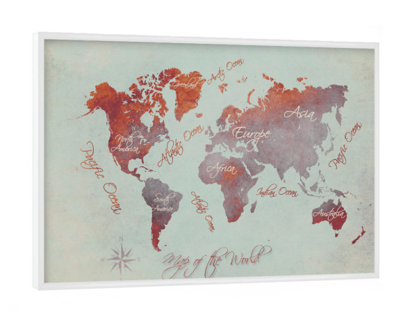 Poster mit weißem Rahmen "Ma of the world red beige" artboxONE - Kartografie - Weltkarte,Karte,Welt,Atlas,Weltkarte