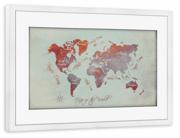 Poster mit Rahmen weiß "Ma of the world red beige" artboxONE - Kartografie - Weltkarte,Karte,Welt,Atlas,Weltkarte