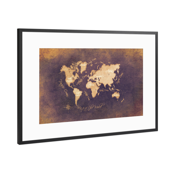 Poster mit Rahmen Schwarz (Metallic) "Word map mistery" artboxONE - Kartografie - Weltkarte,Karte,Welt,Atlas,Weltkarte