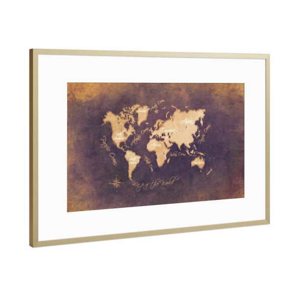 Poster mit Rahmen Gold "Word map mistery" artboxONE - Kartografie - Weltkarte,Karte,Welt,Atlas,Weltkarte