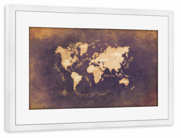 Poster mit Rahmen weiß "Word map mistery" artboxONE - Kartografie - Weltkarte,Karte,Welt,Atlas,Weltkarte