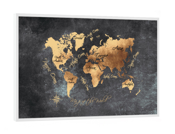 Poster mit weißem Rahmen "World map black yellow gold" artboxONE - Kartografie - Weltkarte,Karte,Welt,Weltkarte,Reise,Travel,Worldmap,Map