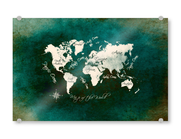 Acrylglasbild "World map dark green" artboxONE - Kartografie - Weltkarte,Karte,Welt,Atlas,Weltkarte,Typografie,Kontinente,Grün
