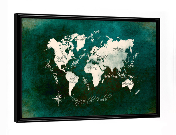 Poster mit schwarzem Rahmen "World map dark green" artboxONE - Kartografie - Weltkarte,Karte,Welt,Atlas,Weltkarte,Typografie,Kontinente,Grün