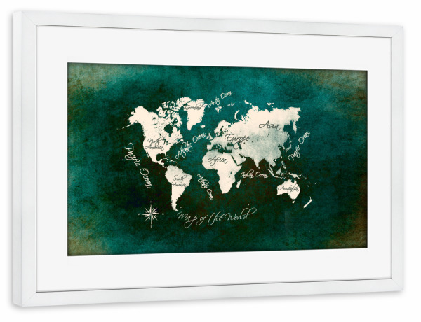 Poster mit Rahmen weiß "World map dark green" artboxONE - Kartografie - Weltkarte,Karte,Welt,Atlas,Weltkarte,Typografie,Kontinente,Grün
