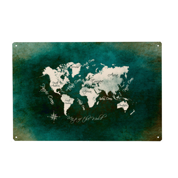 Metall Poster "World map dark green" artboxONE - Kartografie - Weltkarte,Karte,Welt,Atlas,Weltkarte,Typografie,Kontinente,Grün - Blechschild