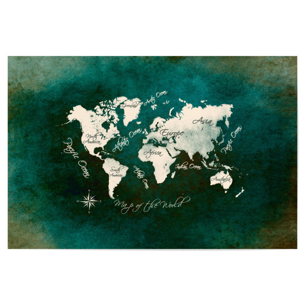 Poster 30x20 cm "World map dark green" artboxONE - Kartografie - Weltkarte,Karte,Welt,Atlas,Weltkarte,Typografie,Kontinente,Grün