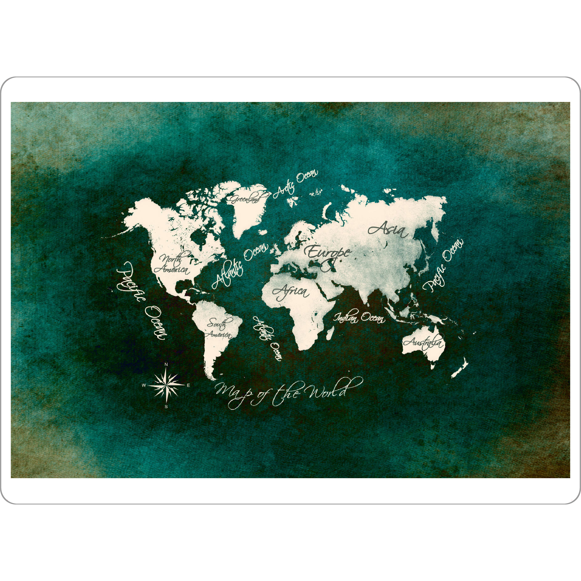 Tischset "World map dark green" artboxONE - Kartografie - Weltkarte,Karte,Welt,Atlas,Weltkarte,Typografie,Kontinente,Grün - Bild weltkarte
