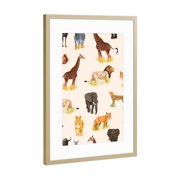 Poster mit Rahmen Gold "Safari Sightings" artboxONE - Tiere - Animals,Safari,Wildlife,Nature,Lion,Leopard,Giraffe,Zebra,Forest,Jungle,Fox,Squirrel