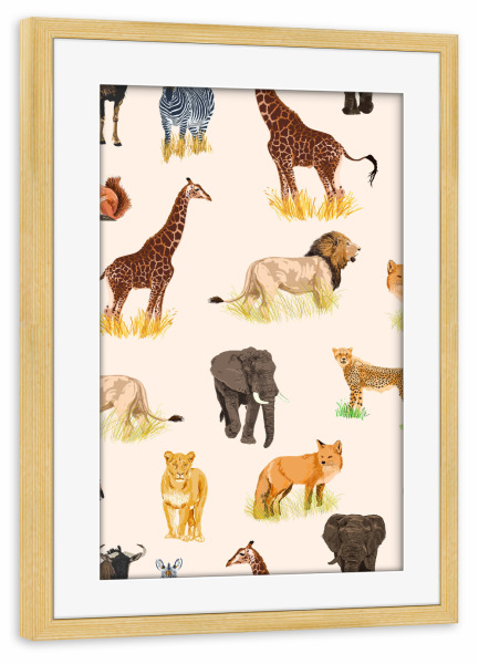 Poster mit Rahmen kiefer "Safari Sightings" artboxONE - Tiere - Animals,Safari,Wildlife,Nature,Lion,Leopard,Giraffe,Zebra,Forest,Jungle,Fox,Squirrel