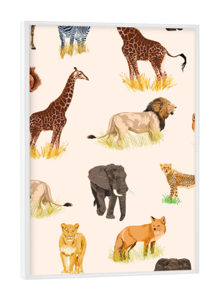 Poster mit weißem Rahmen "Safari Sightings" artboxONE - Tiere - Animals,Safari,Wildlife,Nature,Lion,Leopard,Giraffe,Zebra,Forest,Jungle,Fox,Squirrel