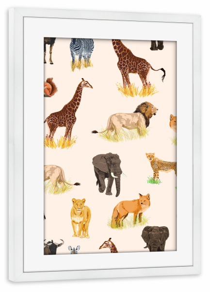 Poster mit Rahmen weiß "Safari Sightings" artboxONE - Tiere - Animals,Safari,Wildlife,Nature,Lion,Leopard,Giraffe,Zebra,Forest,Jungle,Fox,Squirrel