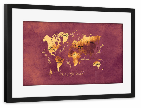 Poster mit Rahmen schwarz "World map rose brown" artboxONE - Kartografie - Weltkarte,Karte,Welt,Atlas,Weltkarte,Kontinente