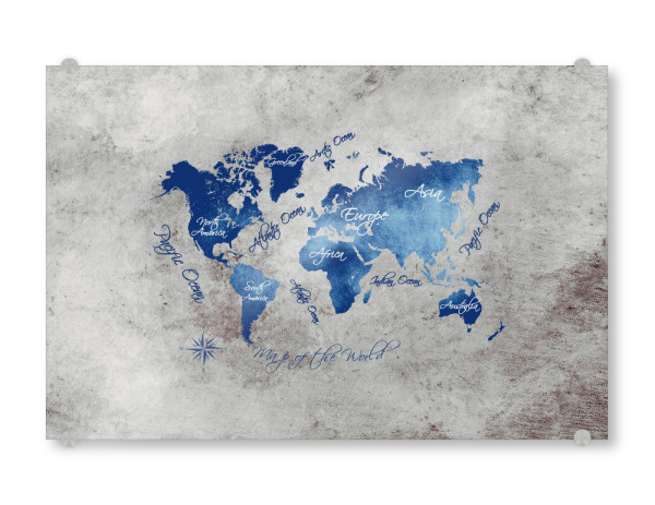 Acrylglasbild "World map blue grey" artboxONE - Kartografie - Weltkarte,Karte,Welt,Atlas,Weltkarte