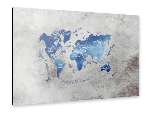 Alu-Dibond "World map blue grey" 30x20 cm artboxONE
