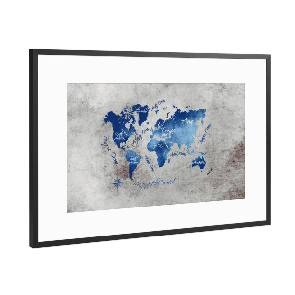 Poster mit Rahmen Schwarz (Metallic) "World map blue grey" artboxONE - Kartografie - Weltkarte,Karte,Welt,Atlas,Weltkarte