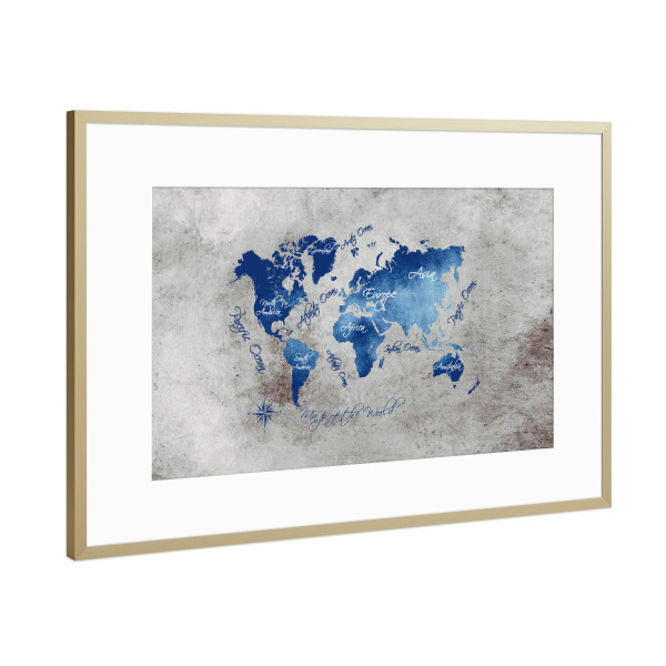 Poster mit Rahmen Gold "World map blue grey" artboxONE - Kartografie - Weltkarte,Karte,Welt,Atlas,Weltkarte