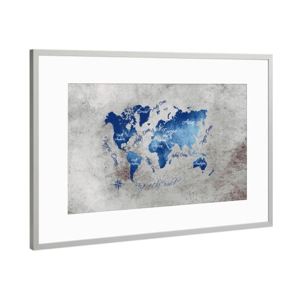 Poster mit Rahmen Silber "World map blue grey" artboxONE - Kartografie - Weltkarte,Karte,Welt,Atlas,Weltkarte