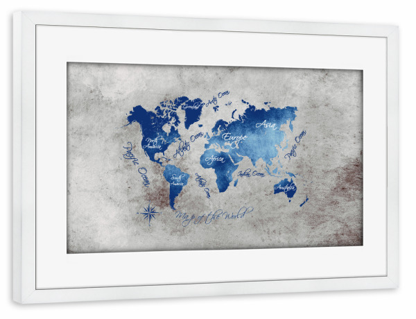 Poster mit Rahmen weiß "World map blue grey" artboxONE - Kartografie - Weltkarte,Karte,Welt,Atlas,Weltkarte