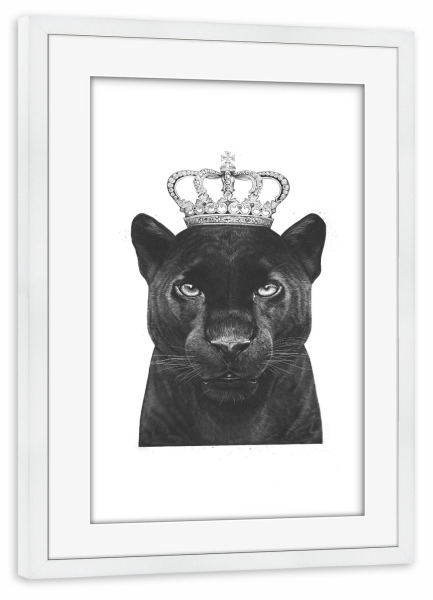 Poster mit Rahmen weiß "The King Panther" artboxONE - Tiere,Schwarzweiß - Panther,Royal,King,Crown