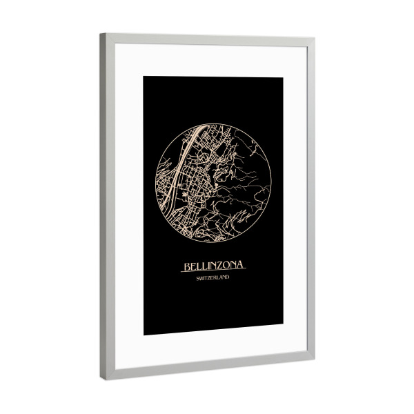 Poster mit Rahmen Silber "Retro Map Bellinzona Black" artboxONE - Städte,Schwarzweiß,Städte / Weitere,Kartografie